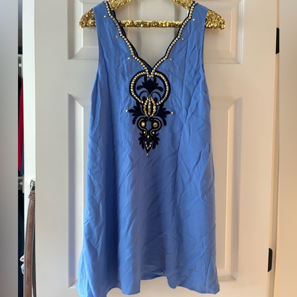 Lilly Pulitzer Owen Blue Embelished Swing Dress Gold Jewel Navy Embroidery Trim - Picture 4 of 10